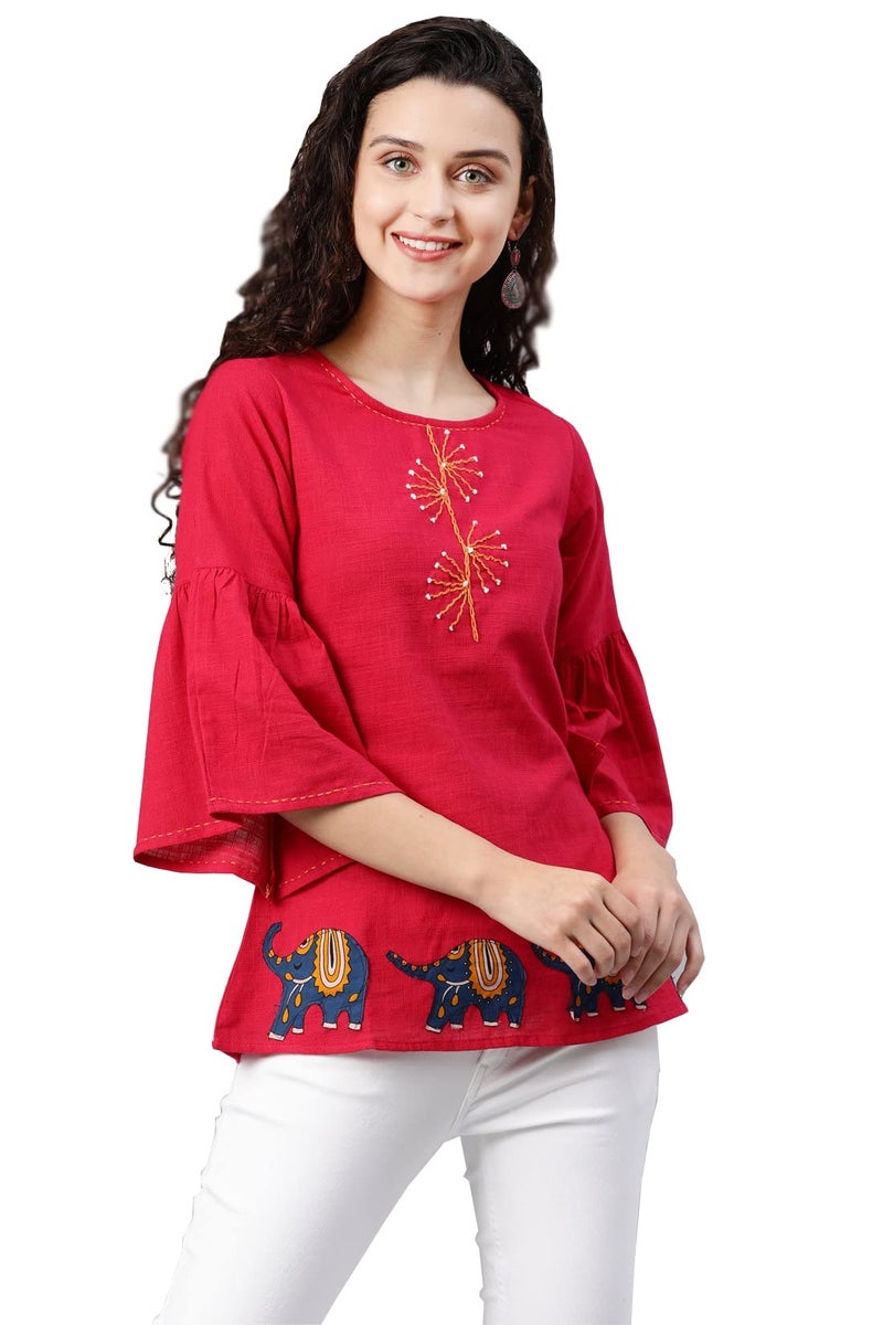 Yash Gallery Women's Elephant Print Cotton Bell Sleeve Summer Tops (Pink, XL) - Image 1